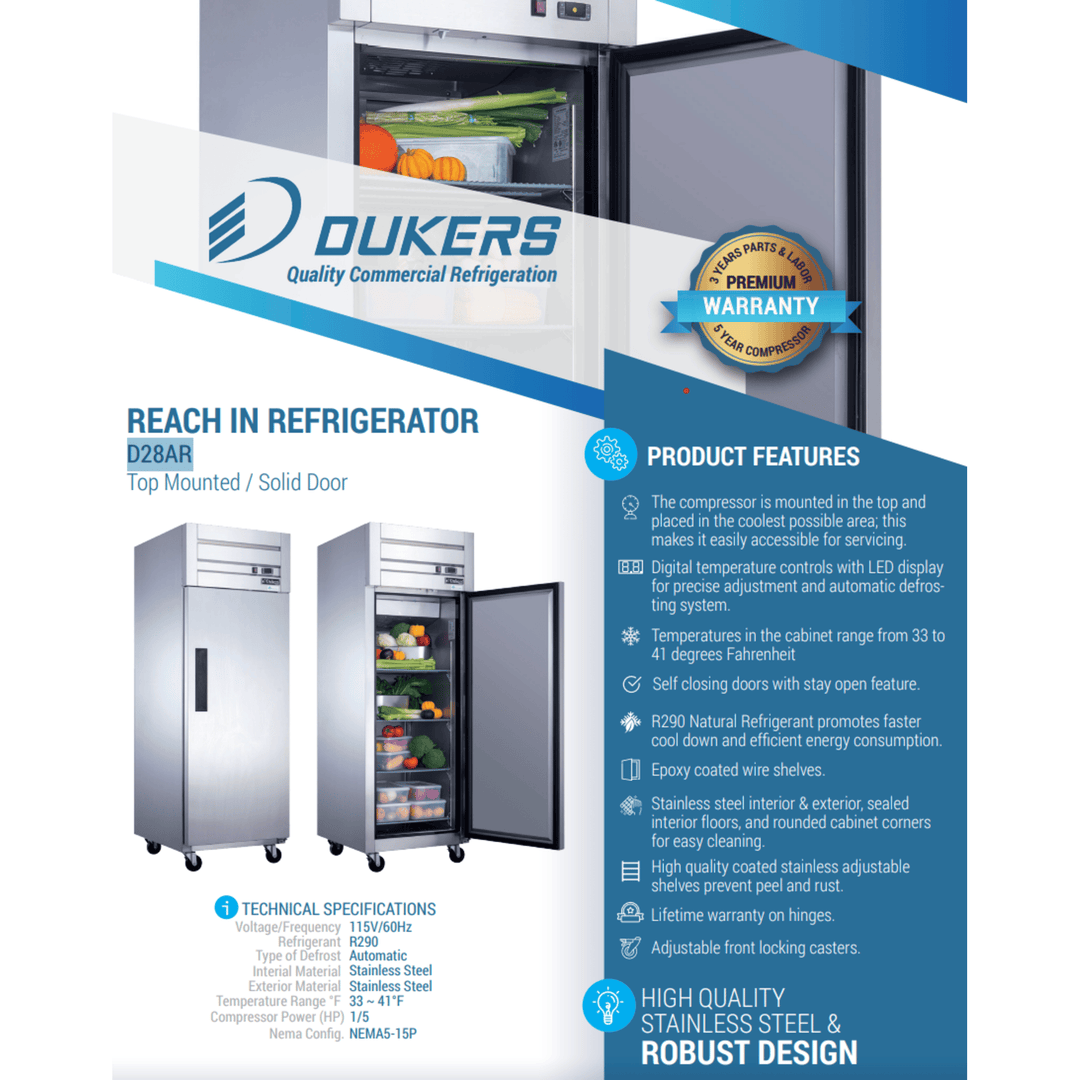 Dukers D28AR 27.5" Single Door Top Mount Commercial Refrigerator – Stainless Steel, 18.31 cu. ft., Digital Controls
