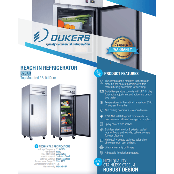 Dukers D28AR 27.5" Single Door Top Mount Commercial Refrigerator – Stainless Steel, 18.31 cu. ft., Digital Controls