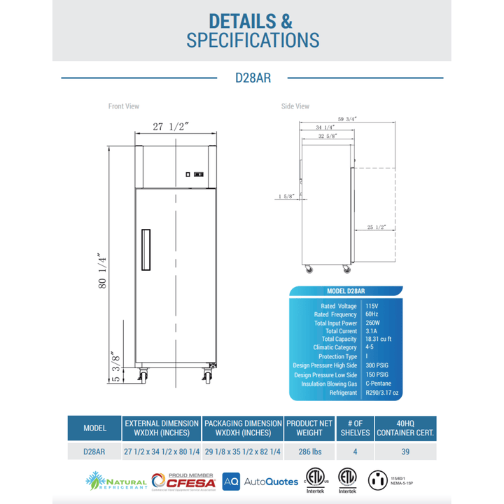 Dukers D28AR 27.5" Single Door Top Mount Commercial Refrigerator – Stainless Steel, 18.31 cu. ft., Digital Controls