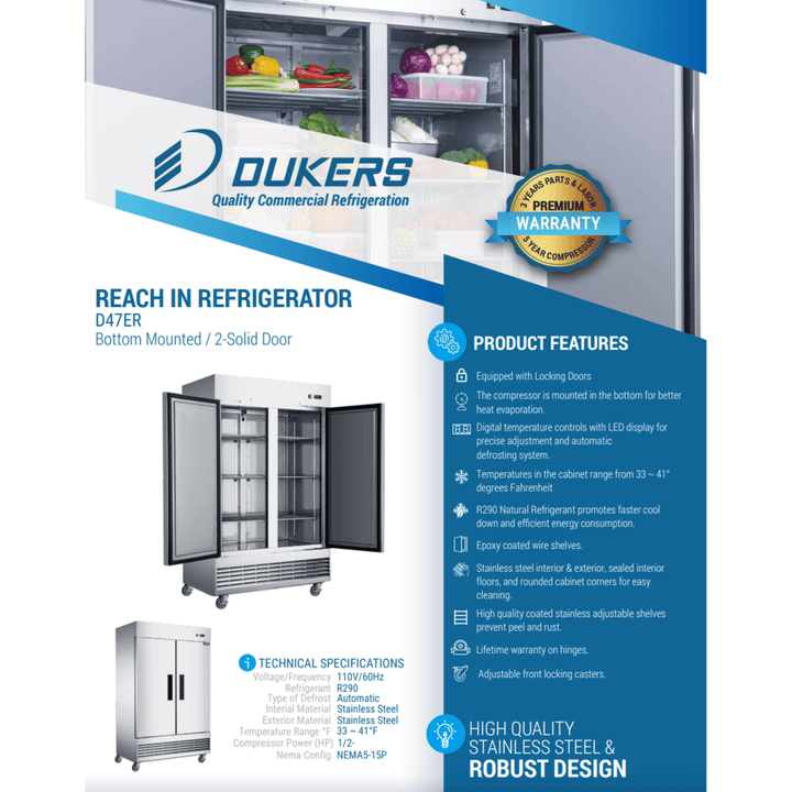 Dukers D47ER 47" Compact 2-Door Commercial Reach-In Refrigerator – Bottom Mount, Stainless Steel, 1/2 HP