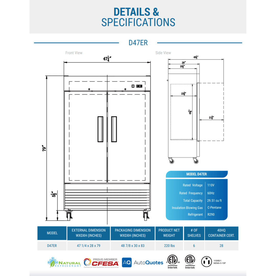 Dukers D47ER 47" Compact 2-Door Commercial Reach-In Refrigerator – Bottom Mount, Stainless Steel, 1/2 HP