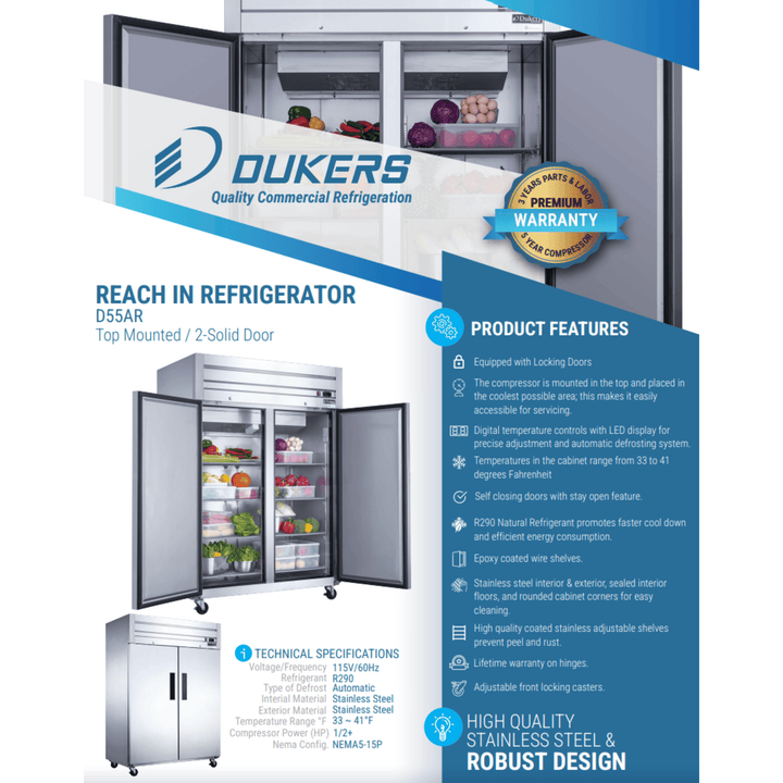 Dukers D55AR 55" Commercial 2-Door Top-Mount Reach-In Refrigerator – Stainless Steel, 47.74 Cu. Ft