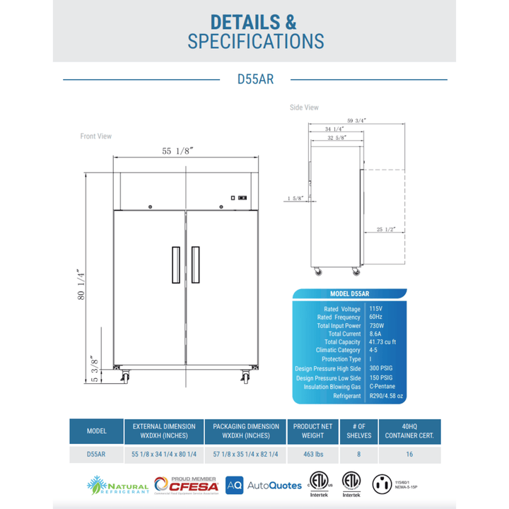 Dukers D55AR 55" Commercial 2-Door Top-Mount Reach-In Refrigerator – Stainless Steel, 47.74 Cu. Ft