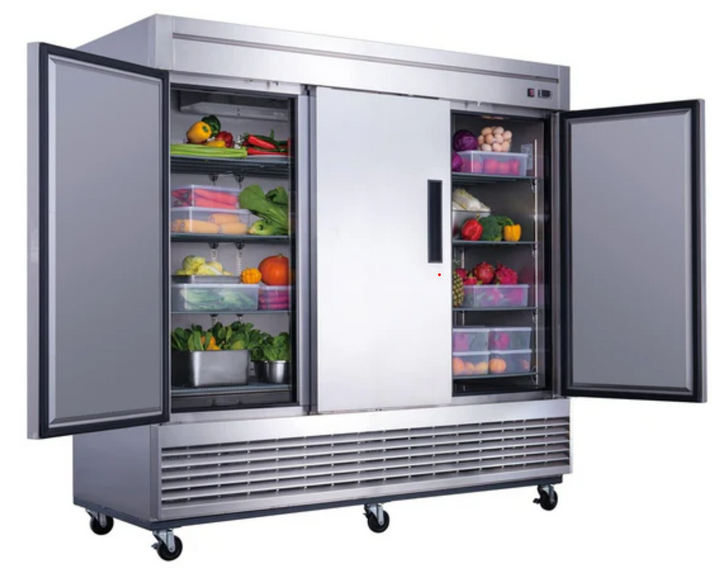 Dukers D83R 3-Door Commercial Reach-In Refrigerator – Stainless Steel, 69 cu. ft., Bottom-Mount Compressor, NSF Certified