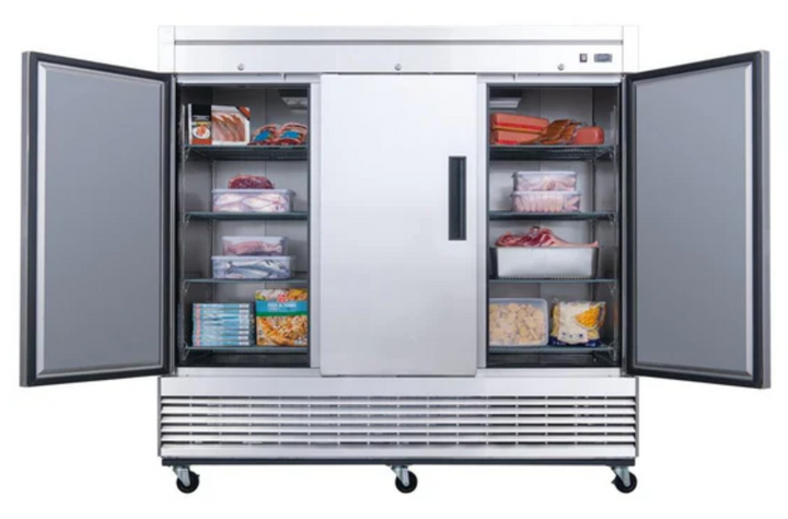 Dukers D83R 3-Door Commercial Reach-In Refrigerator – Stainless Steel, 69 cu. ft., Bottom-Mount Compressor, NSF Certified