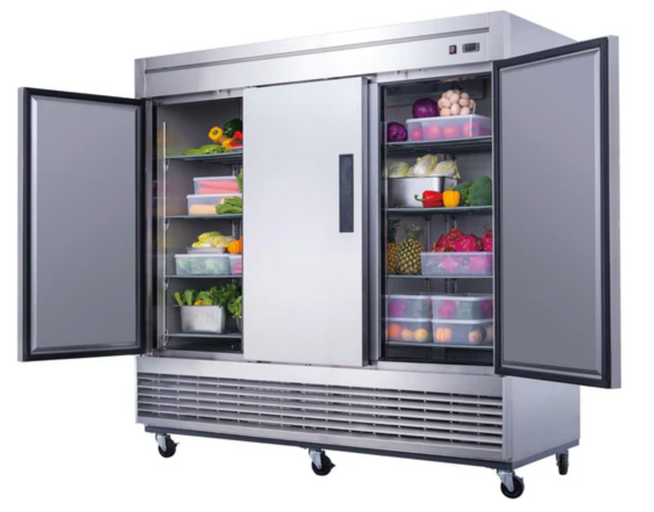 Dukers D83R 3-Door Commercial Reach-In Refrigerator – Stainless Steel, 69 cu. ft., Bottom-Mount Compressor, NSF Certified