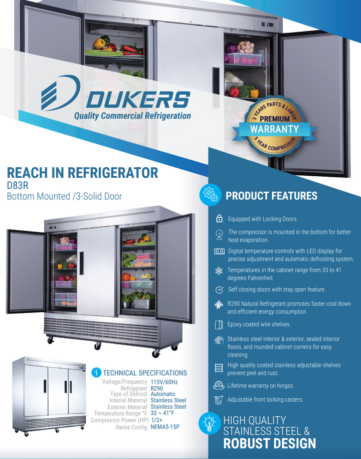Dukers D83R 3-Door Commercial Reach-In Refrigerator – Stainless Steel, 69 cu. ft., Bottom-Mount Compressor, NSF Certified