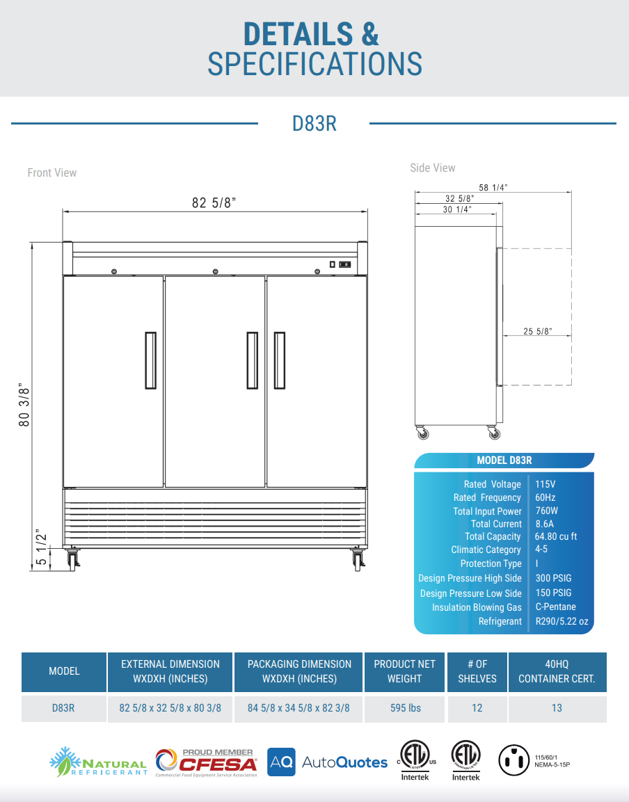 Dukers D83R 3-Door Commercial Reach-In Refrigerator – Stainless Steel, 69 cu. ft., Bottom-Mount Compressor, NSF Certified