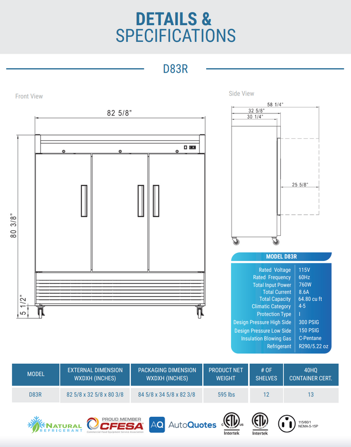 Dukers D83R 3-Door Commercial Reach-In Refrigerator – Stainless Steel, 69 cu. ft., Bottom-Mount Compressor, NSF Certified