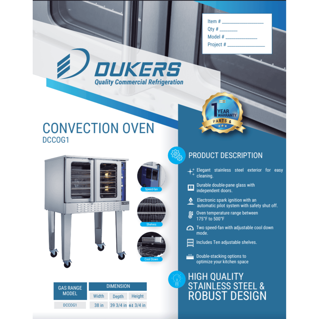 Dukers DCCOG1 Single Gas Convection Oven – 54,000 BTU, Stainless Steel, Commercial Grade