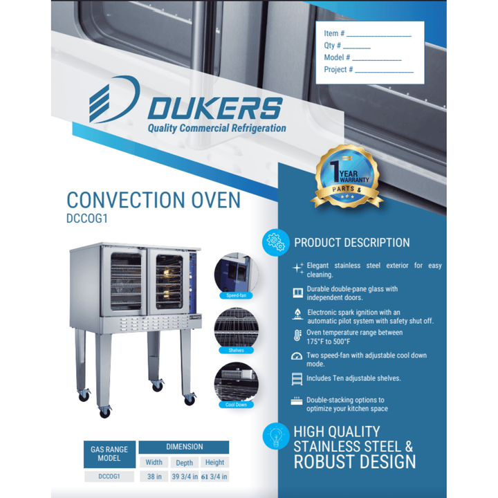 Dukers DCCOG1 Single Gas Convection Oven – 54,000 BTU, Stainless Steel, Commercial Grade