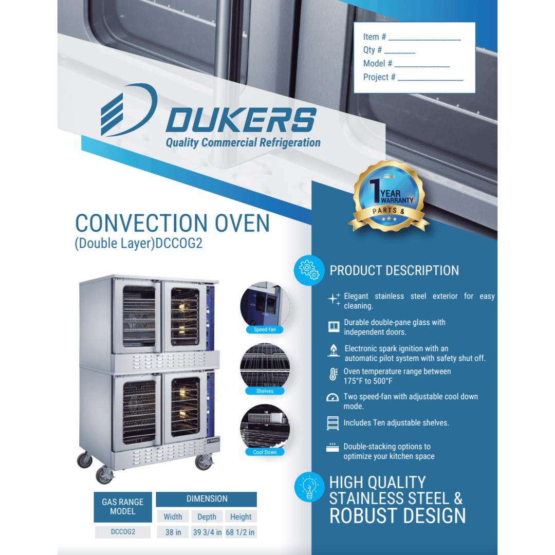 Dukers DCCOG2 Double Commercial Convection Oven – 108,000 BTU, Stainless Steel, Natural Gas/Propane Compatible