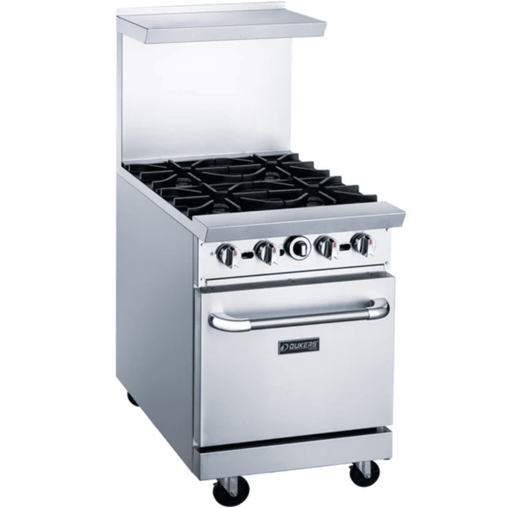 Dukers DCR24-4B 24" Commercial Gas Range with 4 Open Burners & Oven – Stainless Steel, NG/LPG Compatible