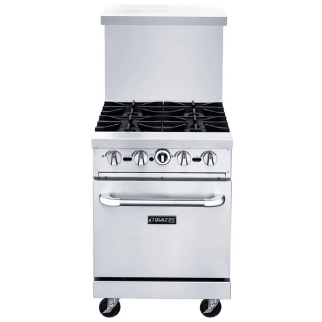 Dukers DCR24-4B 24" Commercial Gas Range with 4 Open Burners & Oven – Stainless Steel, NG/LPG Compatible