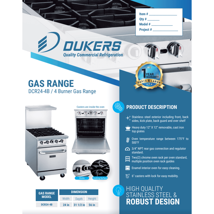 Dukers DCR24-4B 24" Commercial Gas Range with 4 Open Burners & Oven – Stainless Steel, NG/LPG Compatible