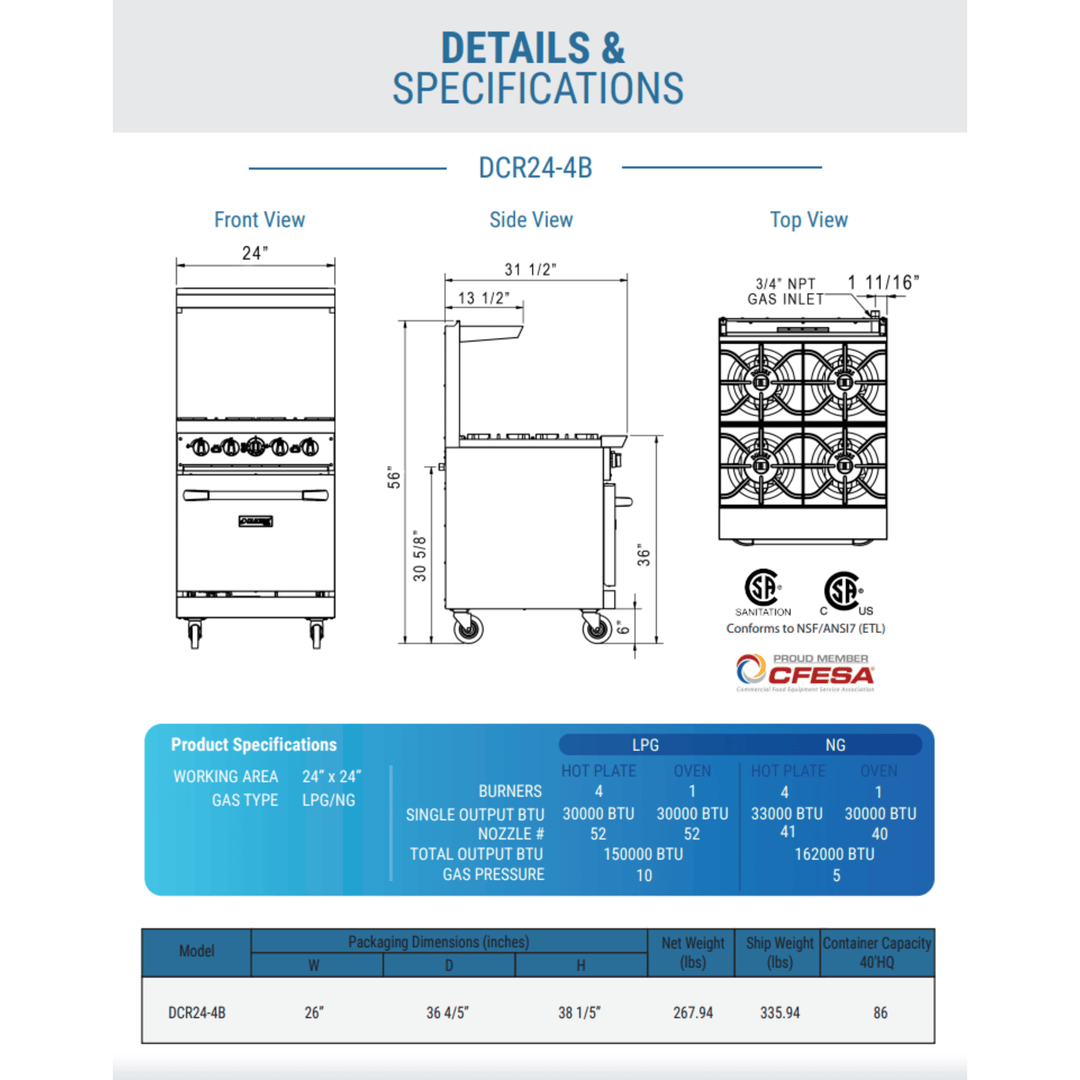 Dukers DCR24-4B 24" Commercial Gas Range with 4 Open Burners & Oven – Stainless Steel, NG/LPG Compatible
