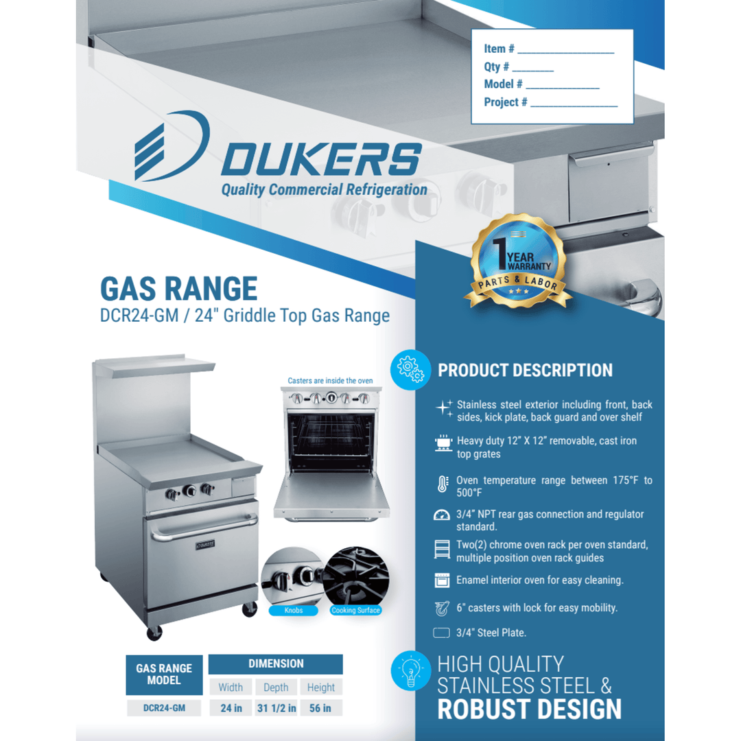 Dukers DCR24-GM 24" Commercial Gas Range with 24" Griddle & Oven – Stainless Steel, NG/LPG Compatible