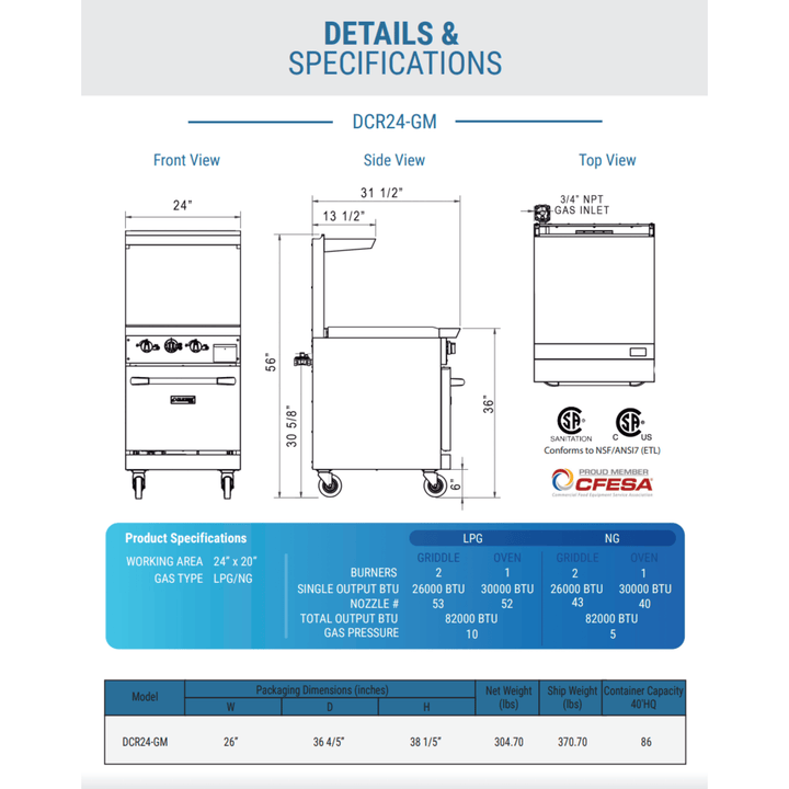Dukers DCR24-GM 24" Commercial Gas Range with 24" Griddle & Oven – Stainless Steel, NG/LPG Compatible