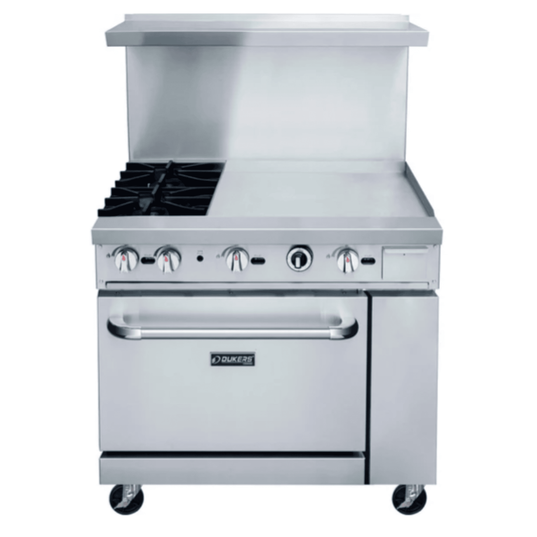Dukers DCR36-2B24GM 24" Commercial Gas Range with 24" Griddle & Oven – Stainless Steel, NG/LPG Compatible