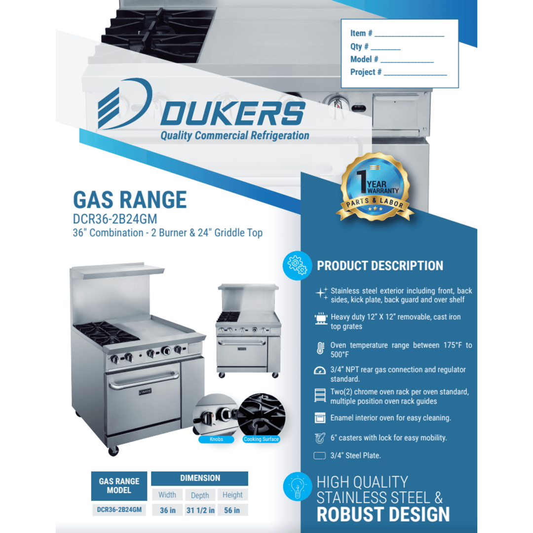Dukers DCR36-2B24GM 24" Commercial Gas Range with 24" Griddle & Oven – Stainless Steel, NG/LPG Compatible