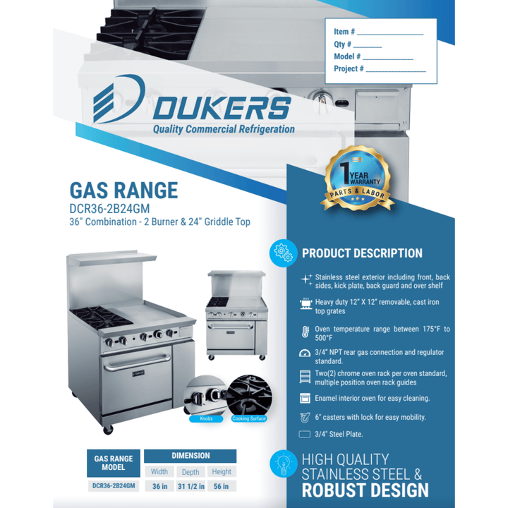Dukers DCR36-2B24GM 24" Commercial Gas Range with 24" Griddle & Oven – Stainless Steel, NG/LPG Compatible