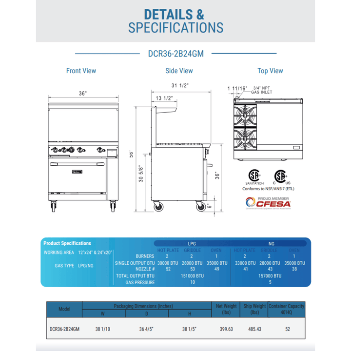 Dukers DCR36-2B24GM 24" Commercial Gas Range with 24" Griddle & Oven – Stainless Steel, NG/LPG Compatible