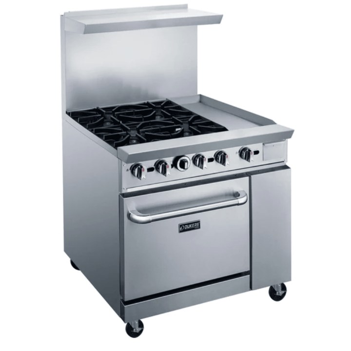 Dukers DCR36-4B12GM 36" Commercial Gas Range – 4 Burners & 12" Griddle with Oven, Stainless Steel