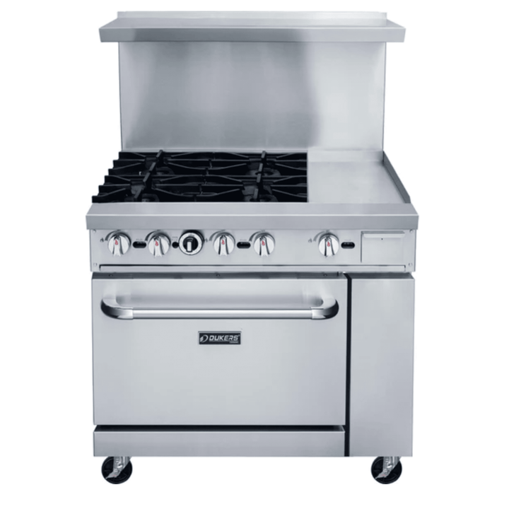 Dukers DCR36-4B12GM 36" Commercial Gas Range – 4 Burners & 12" Griddle with Oven, Stainless Steel