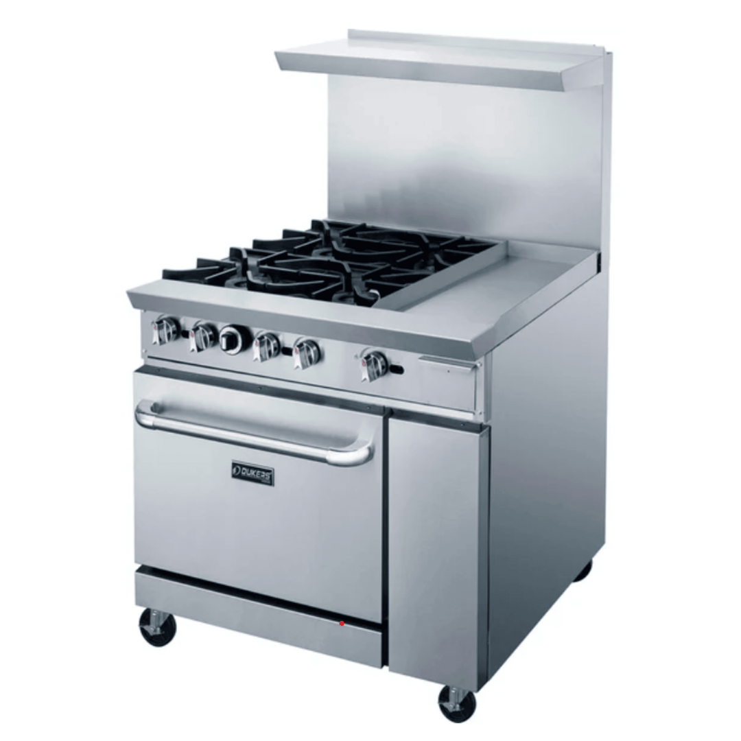 Dukers DCR36-4B12GM 36" Commercial Gas Range – 4 Burners & 12" Griddle with Oven, Stainless Steel