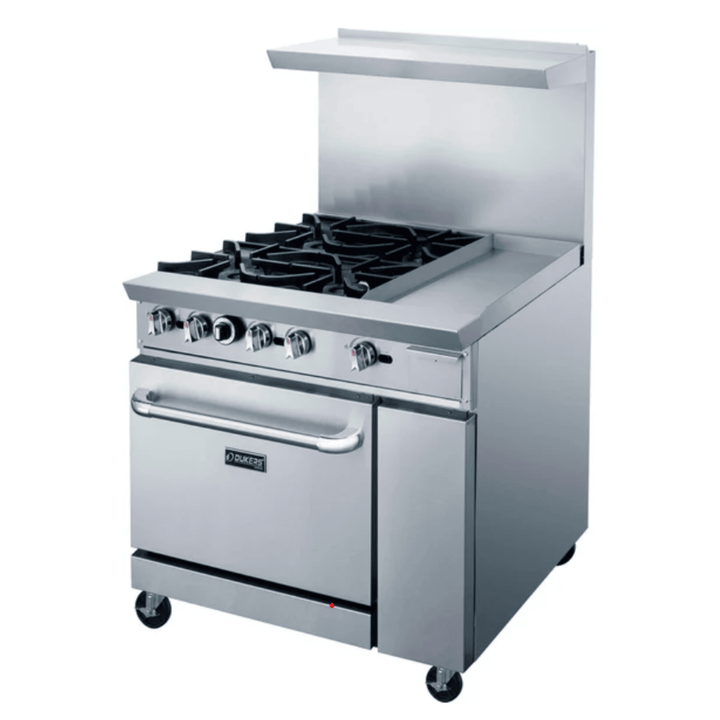 Dukers DCR36-4B12GM 36" Commercial Gas Range – 4 Burners & 12" Griddle with Oven, Stainless Steel