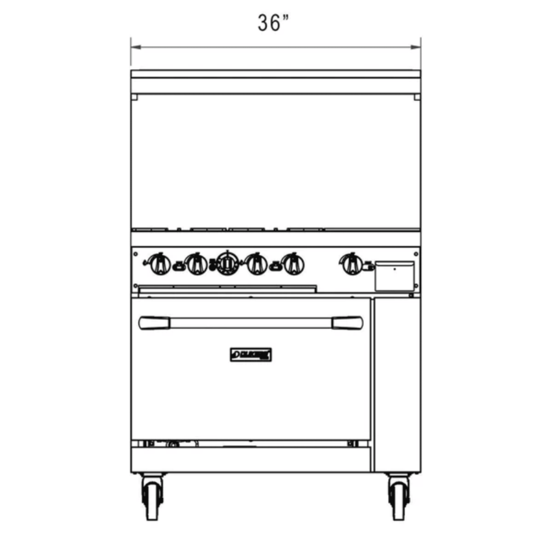 Dukers DCR36-4B12GM 36" Commercial Gas Range – 4 Burners & 12" Griddle with Oven, Stainless Steel