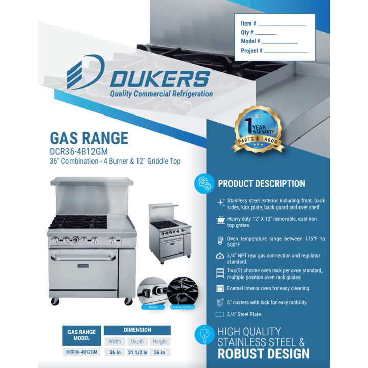 Dukers DCR36-4B12GM 36" Commercial Gas Range – 4 Burners & 12" Griddle with Oven, Stainless Steel