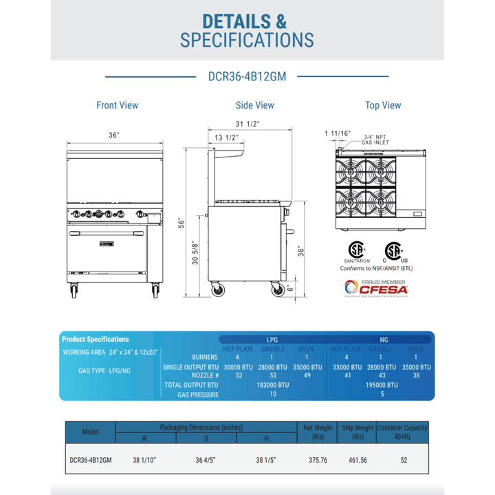 Dukers DCR36-4B12GM 36" Commercial Gas Range – 4 Burners & 12" Griddle with Oven, Stainless Steel