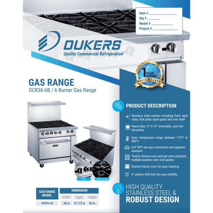 Dukers DCR36-6B 36" Commercial Gas Range with 6 Open Burners & Standard Oven – Stainless Steel