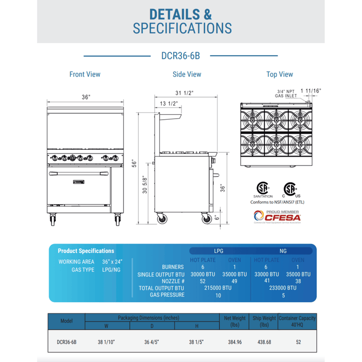 Dukers DCR36-6B 36" Commercial Gas Range with 6 Open Burners & Standard Oven – Stainless Steel