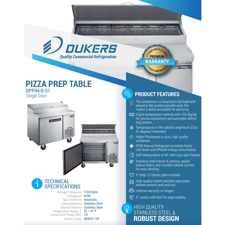 Dukers DPP44-6-S1 44” Commercial Pizza Prep Table Refrigerator – 1 Door, 6 Pan, Stainless Steel, Digital Controls