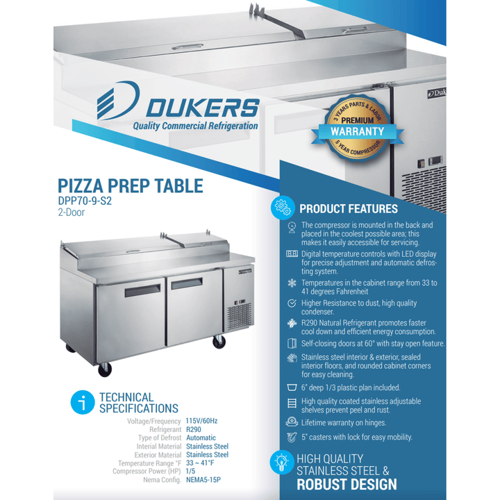 Dukers DPP70-9-S2 70" Commercial Pizza Prep Table Refrigerator – 2-Door, 9-Pan, Stainless Steel