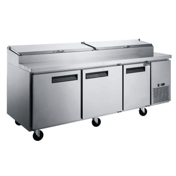 Dukers DPP90-12-S3 90" 3-Door Commercial Pizza Prep Table Refrigerator with 12 Pans, 1/2 HP Compressor, and Stainless Steel Construction