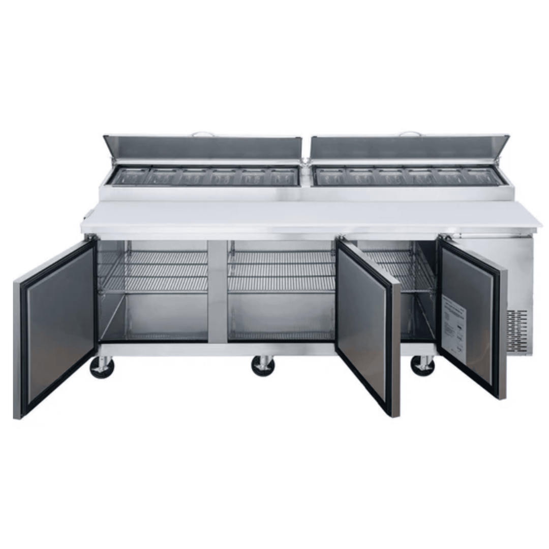 Dukers DPP90-12-S3 90" 3-Door Commercial Pizza Prep Table Refrigerator with 12 Pans, 1/2 HP Compressor, and Stainless Steel Construction