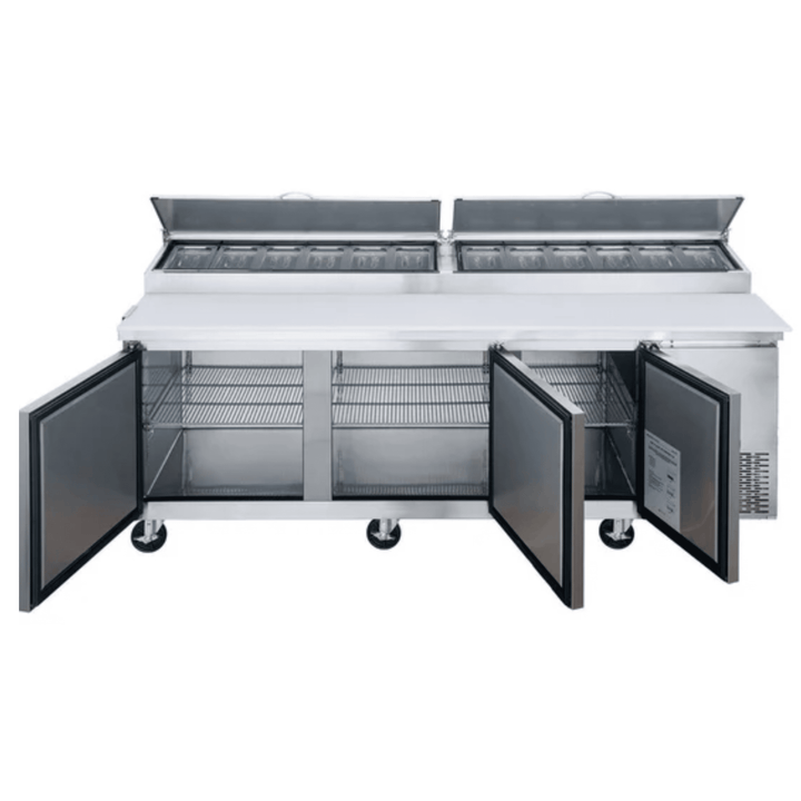 Dukers DPP90-12-S3 90" 3-Door Commercial Pizza Prep Table Refrigerator with 12 Pans, 1/2 HP Compressor, and Stainless Steel Construction