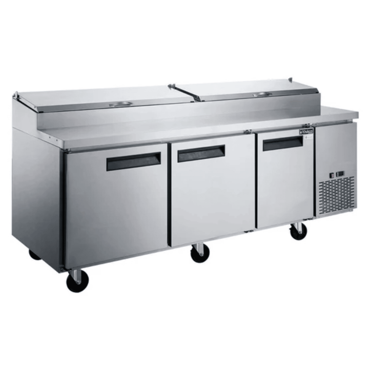 Dukers DPP90-12-S3 90" 3-Door Commercial Pizza Prep Table Refrigerator with 12 Pans, 1/2 HP Compressor, and Stainless Steel Construction