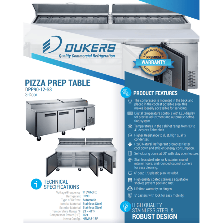 Dukers DPP90-12-S3 90" 3-Door Commercial Pizza Prep Table Refrigerator with 12 Pans, 1/2 HP Compressor, and Stainless Steel Construction